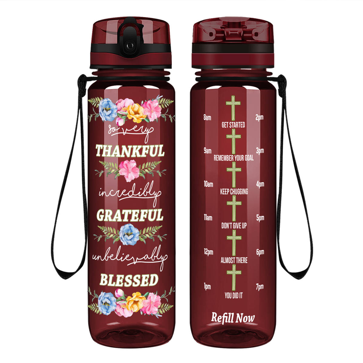 Thankful Grateful Blessed on 32 oz Motivational Tracking Water Bottle