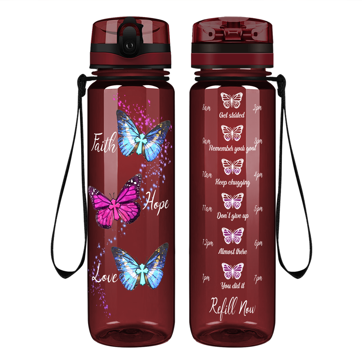 Faith Hope Love Butterflies on 32 oz Motivational Tracking Water Bottle