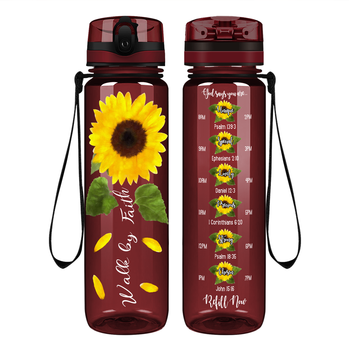 Walk By Faith Sunflower on 32 oz Motivational Tracking Water Bottle
