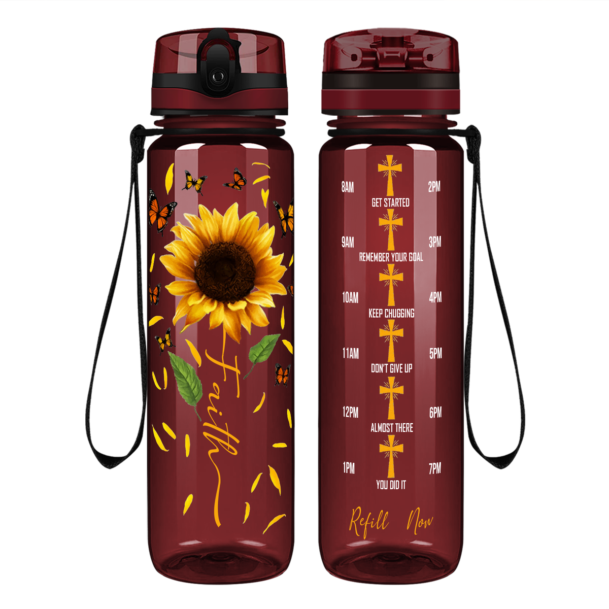 Faith Sunflowers Butterflies on 32 oz Motivational Tracking Water Bottle