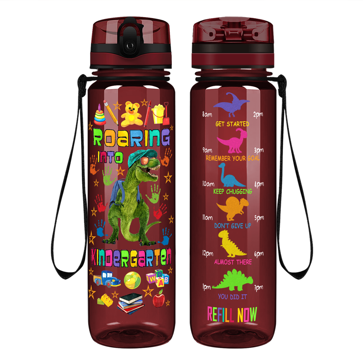 Roaring Into Kindergarten on 32 oz Motivational Tracking Water Bottle