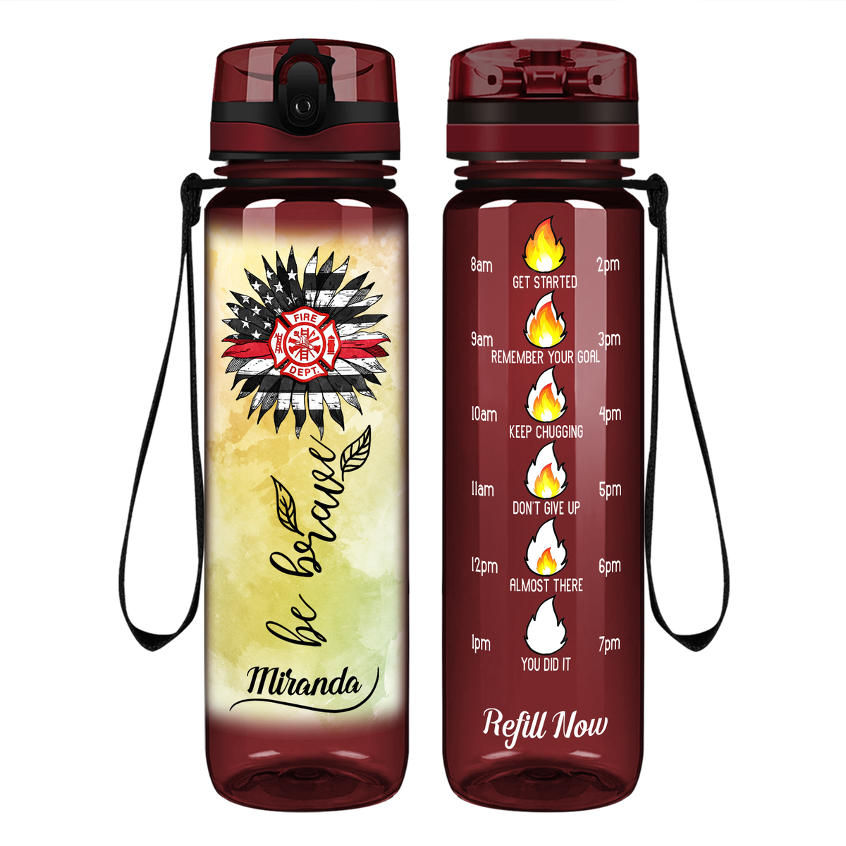 Personalized Firefigher Be Brave on 32 oz Motivational Tracking Water Bottle