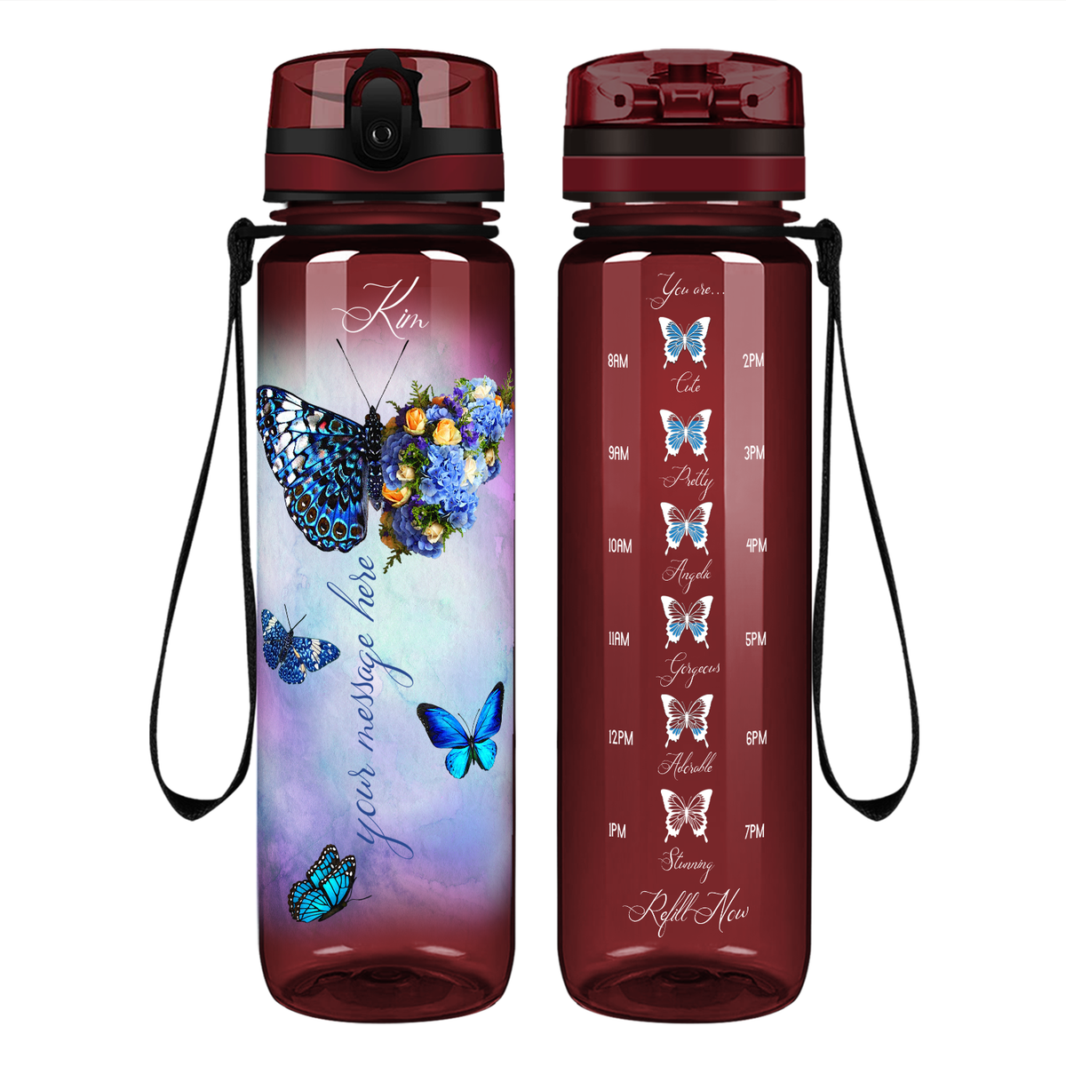 Personalized Butterflies with Name and Custom Message on 32 oz Motivational Tracking Water Bottle