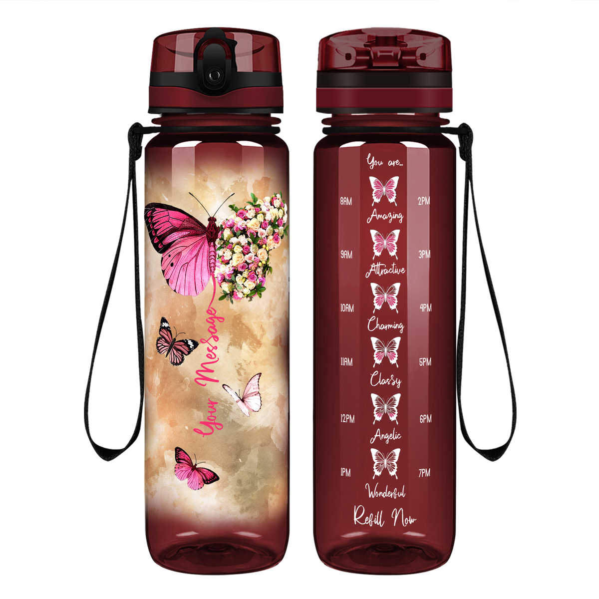 Personalized Butterflies Custom Message on 32 oz Motivational Tracking Water Bottle