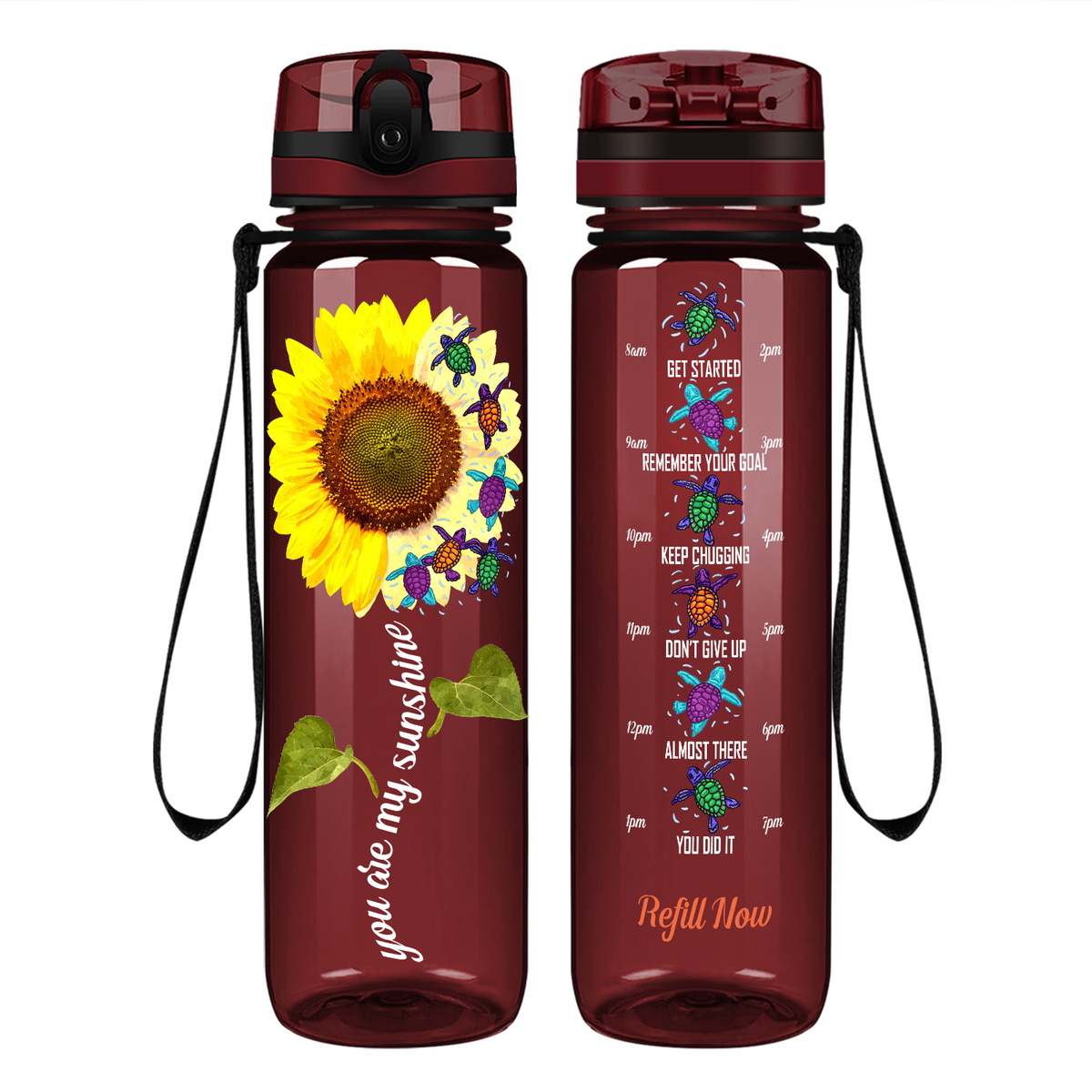 Turtles You Are My Sunshine Sunflower on 32 oz Motivational Tracking Water Bottle