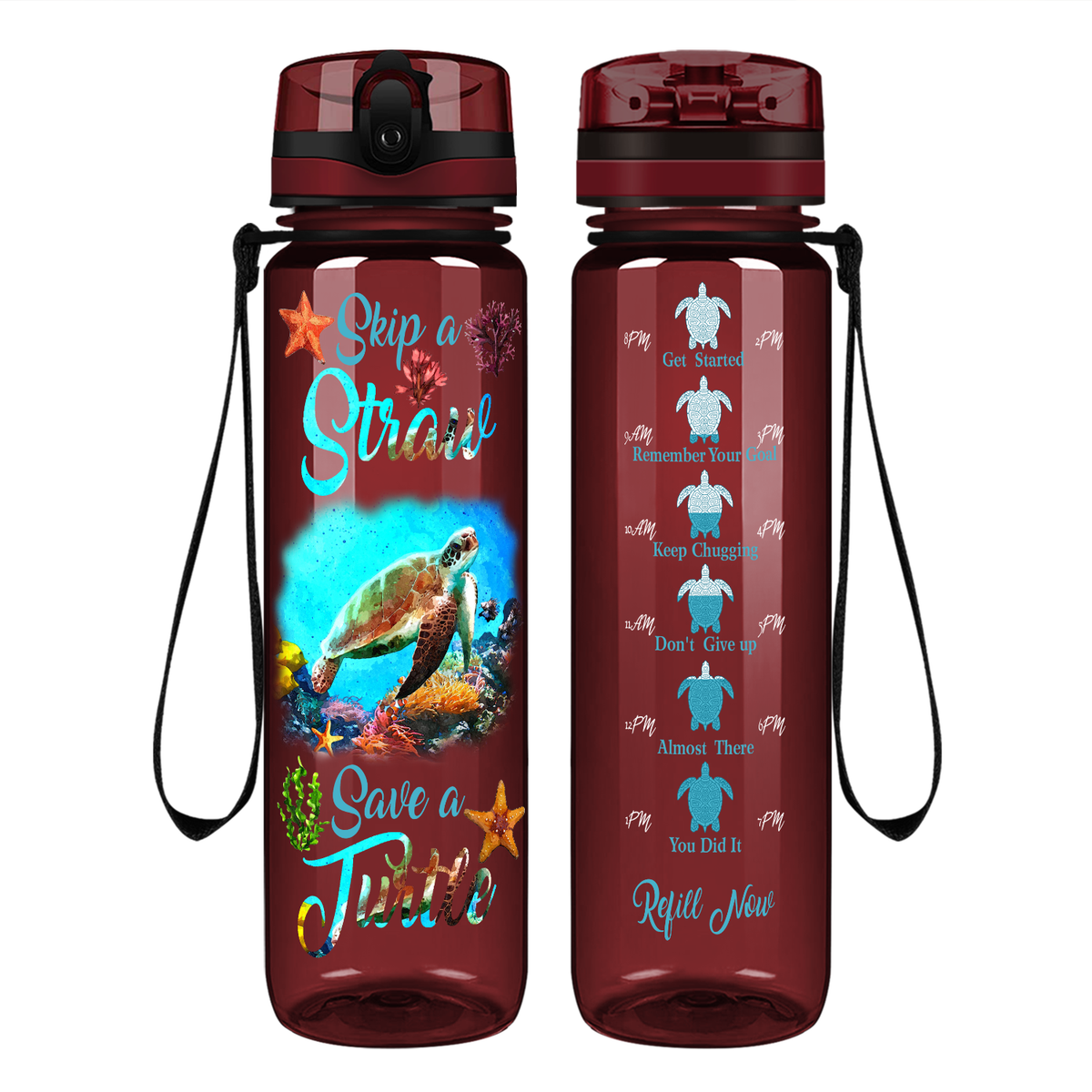 Skip A Straw Save A Turtle on 32 oz Motivational Tracking Water Bottle