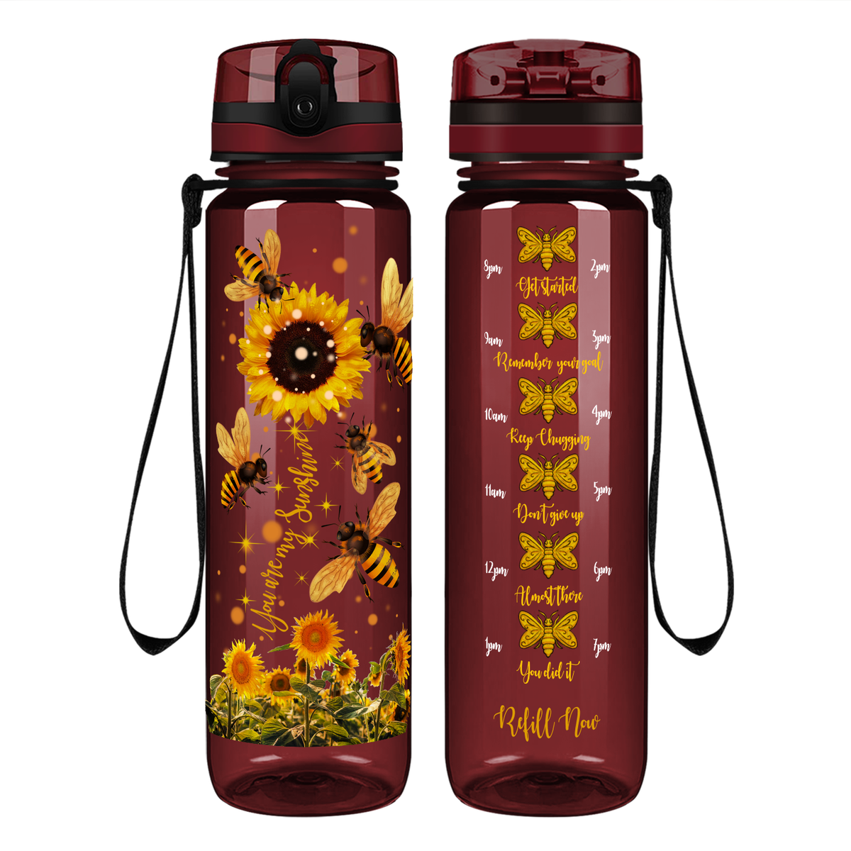 You Are My Sunshine Sunflower and Bees on 32 oz Motivational Tracking Water Bottle