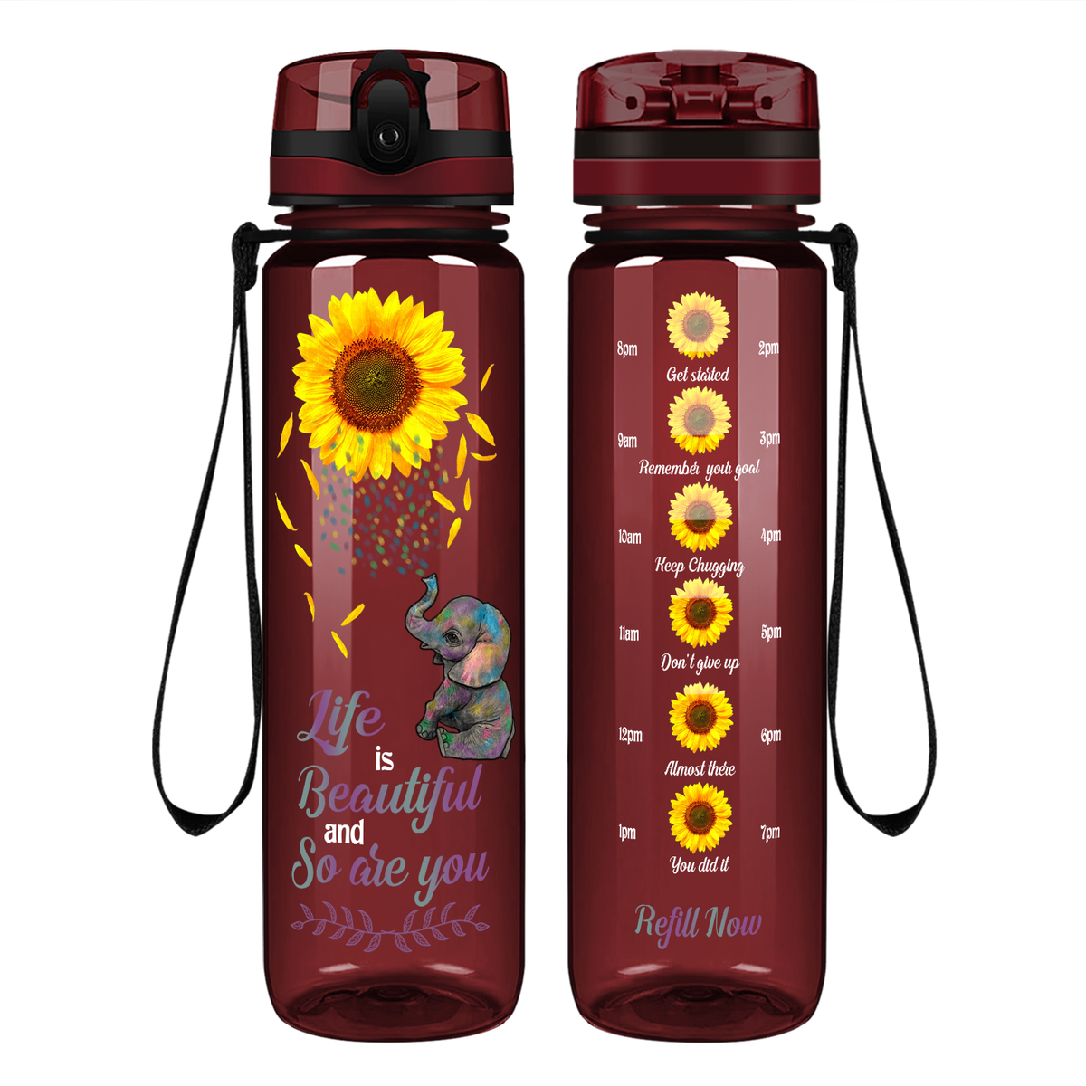 Life Is Beautiful and So Are You Sunflower with Elephant on 32 oz Motivational Tracking Water Bottle