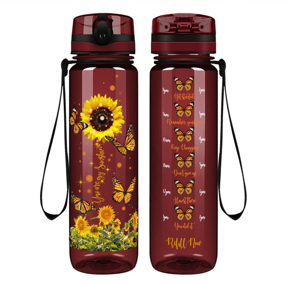 You Are My Sunshine Sunflower and Butterflies on 32 oz Motivational Tracking Water Bottle
