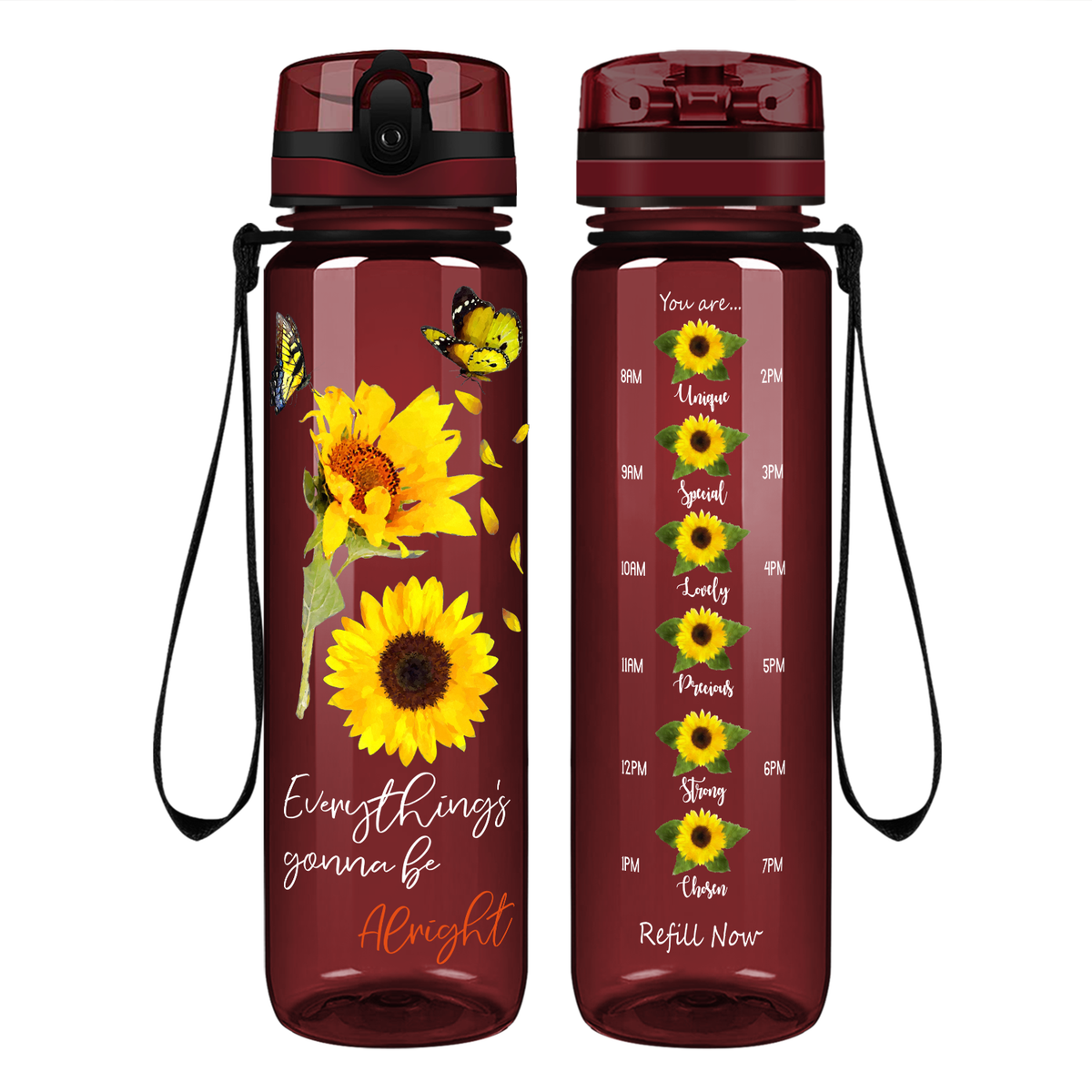 Everything's Gonna Be Alright Sunflower with Butterflies on 32 oz Motivational Tracking Water Bottle