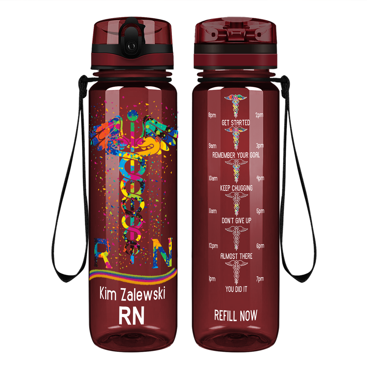 Personalized RN Caduceus Rainbow on 32oz Motivational Nurse Water Bottle