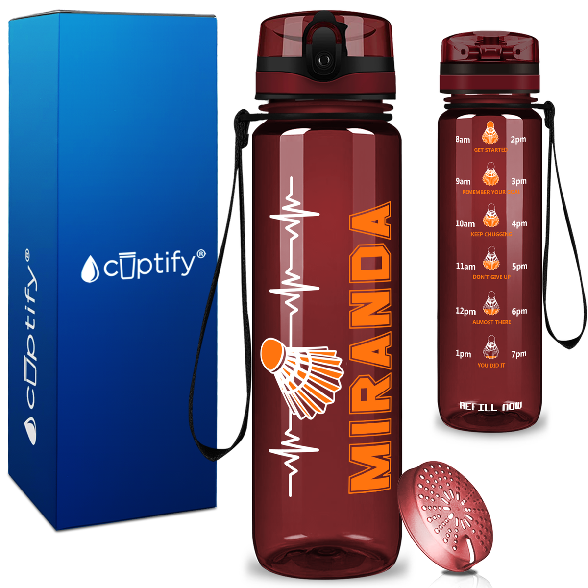 Personalized Badminton Heartbeat on 32 oz Motivational Tracking Water Bottle