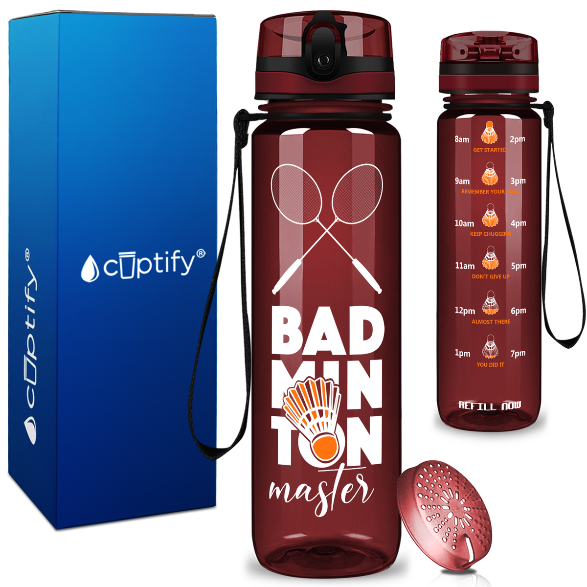 Personalized Badminton Master on 32 oz Motivational Tracking Water Bottle