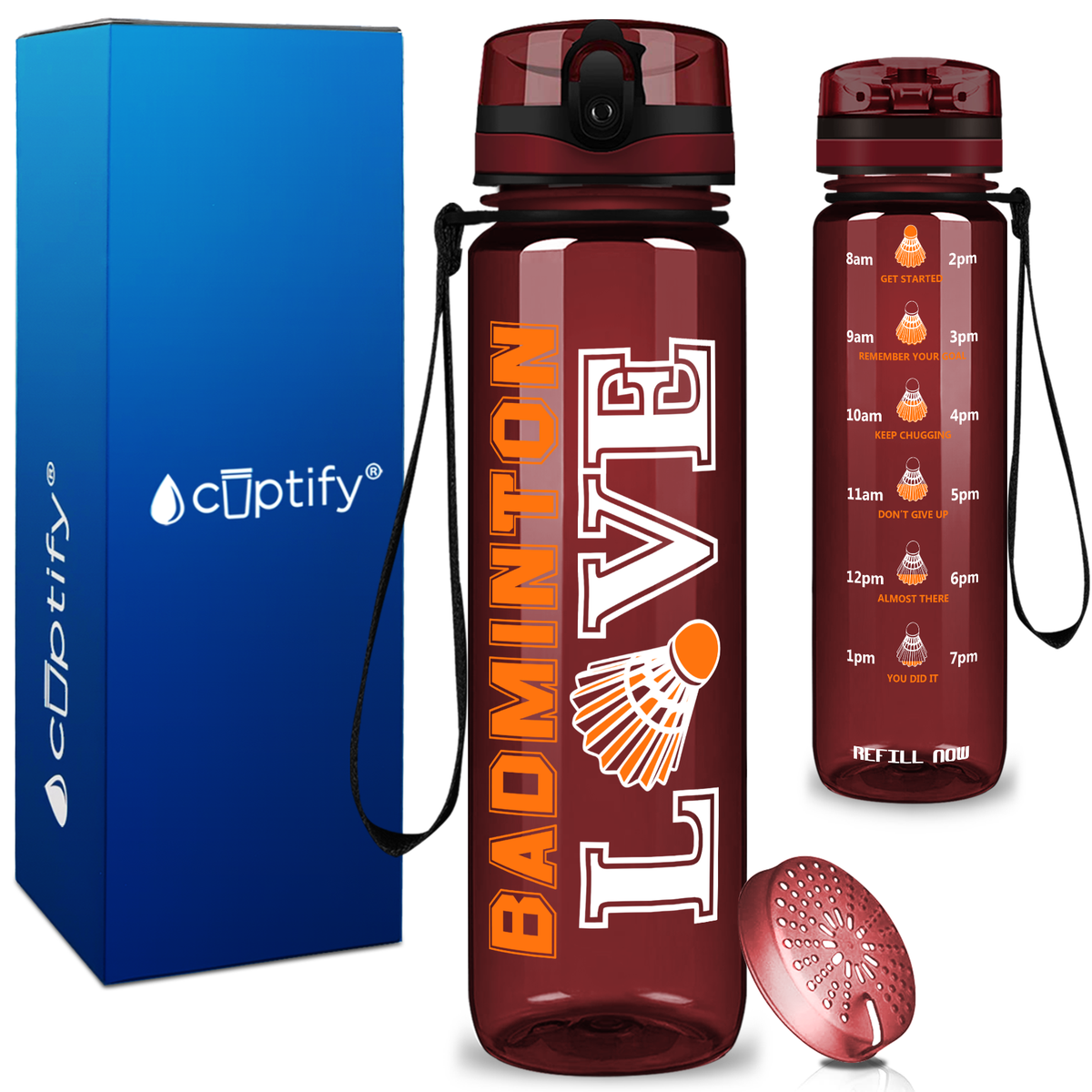 Love Badminton on 32 oz Motivational Tracking Water Bottle