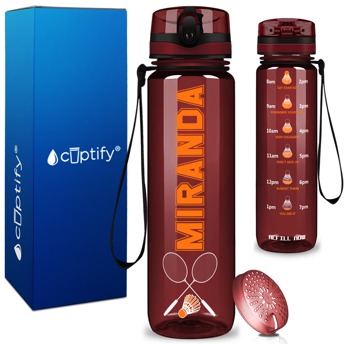 Personalized Badminton Rackets and Shuttlecock on 32 oz Motivational Tracking Water Bottle
