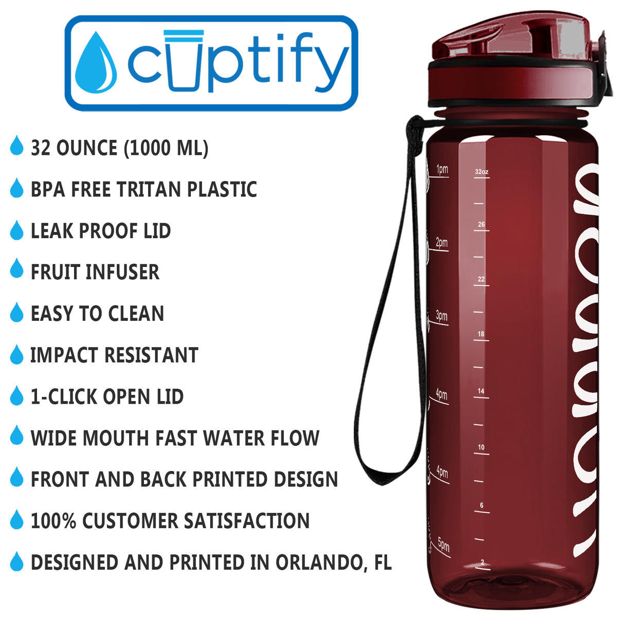 Kids Personalized on Maroon 32 oz Motivational Tracking Water Bottle