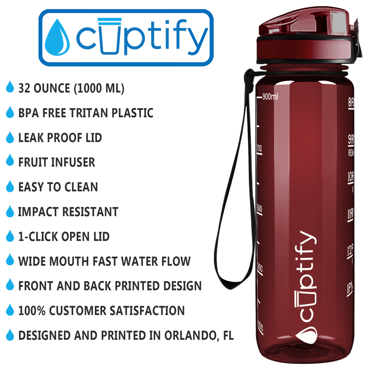 Cuptify Maroon Gloss 32 oz Motivational Water Bottle