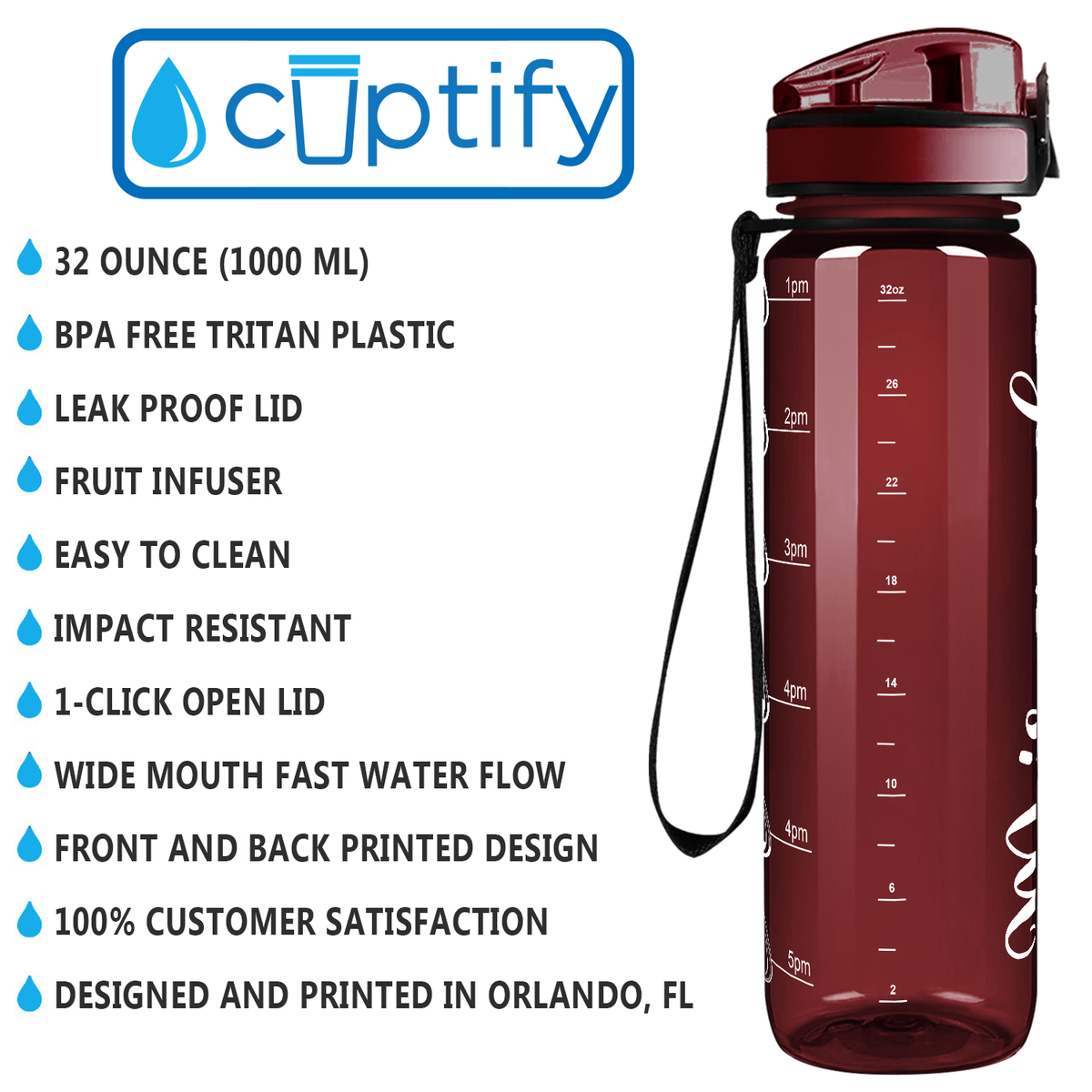 Maroon 32 oz Personalized Motivational Tracking Water Bottle