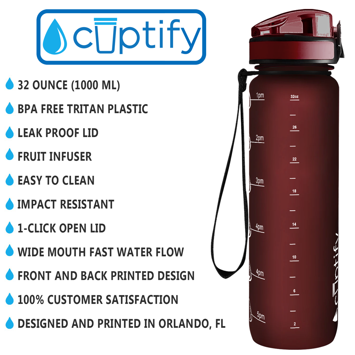 Maroon Frosted 32 oz Hydration Tracker Water Bottle