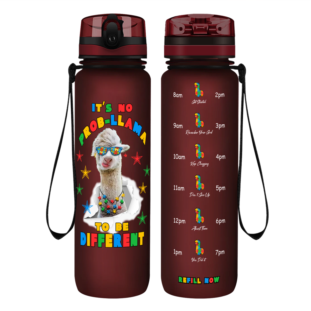 No Prob-llama Autism Stars on 32 oz Motivational Tracking Water Bottle
