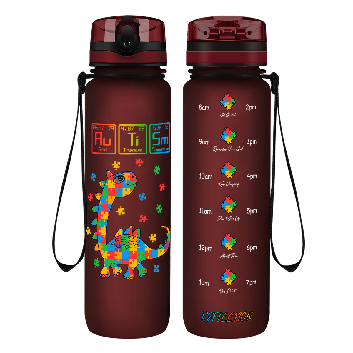 Scientific Autism Dinosaur Puzzle on 32 oz Motivational Tracking Water Bottle
