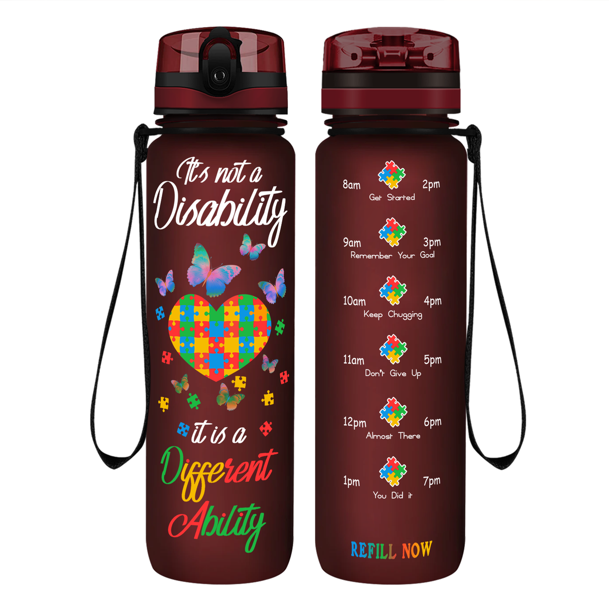 Autism Colorful Butterfly Different Ability on 32 oz Motivational Tracking Water Bottle