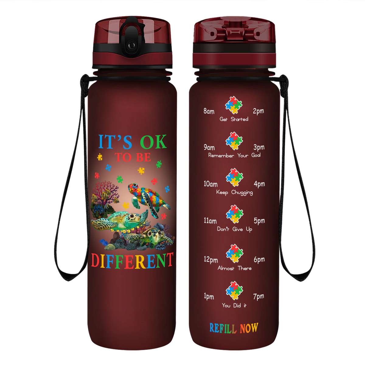 Okay To Be Different Autism Turtle on 32 oz Motivational Tracking Water Bottle
