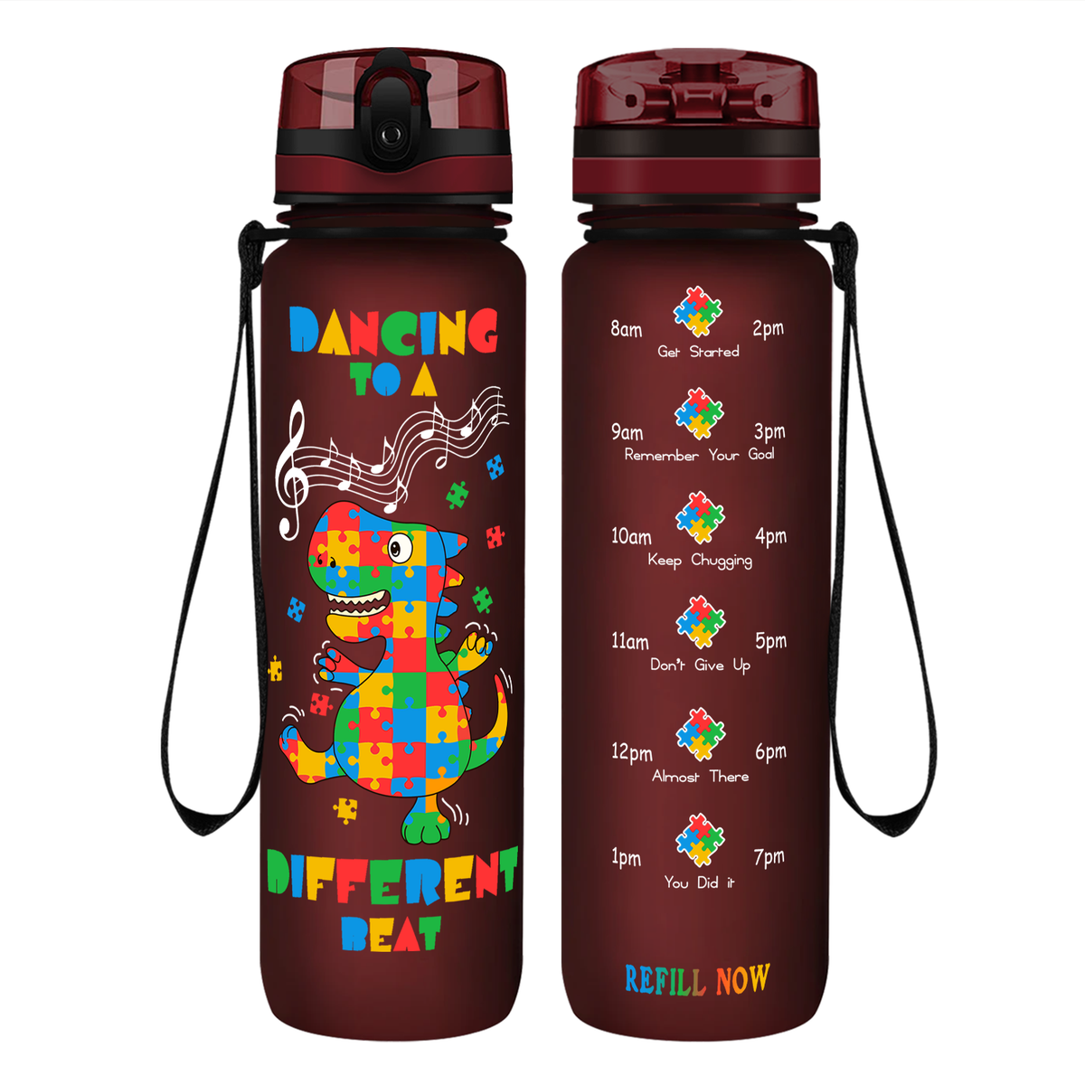 Dancing Dino Different Beat Autism on 32 oz Motivational Tracking Water Bottle