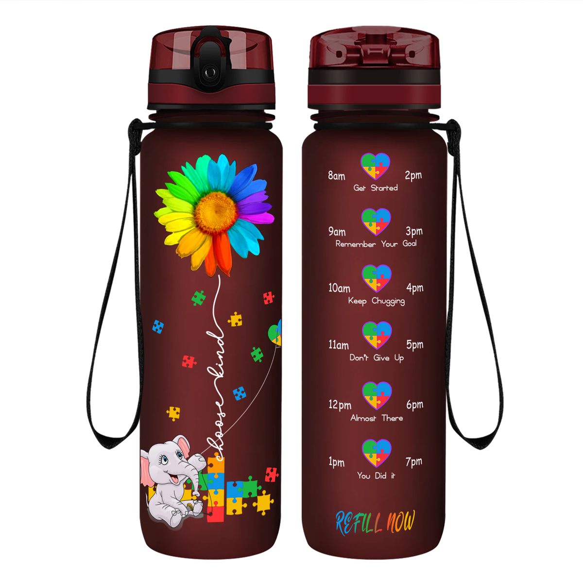 Autism Elephant Kindness Kite on 32 oz Motivational Tracking Water Bottle