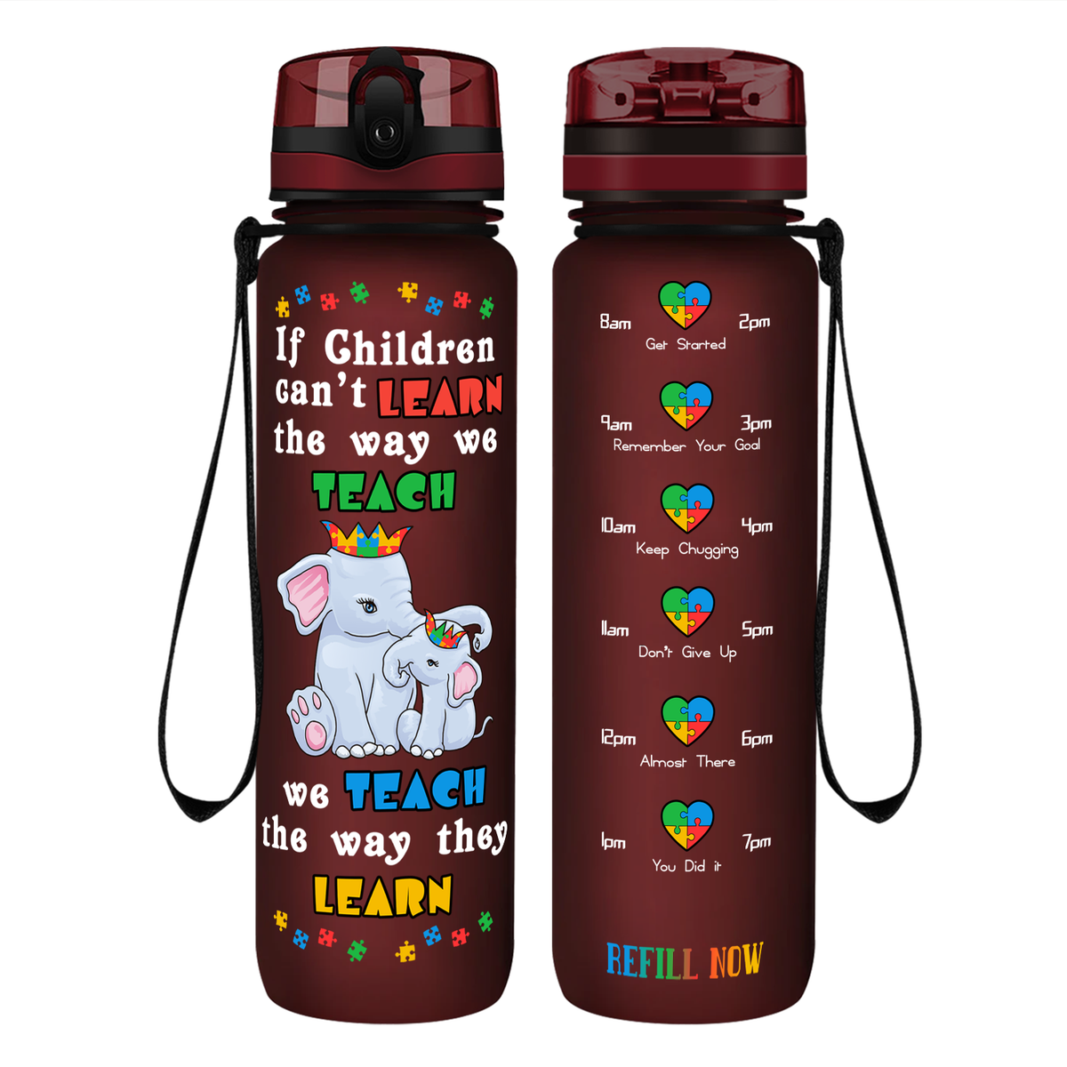 Teach The Way They Learn Elephants on 32 oz Motivational Tracking Autism Water Bottle