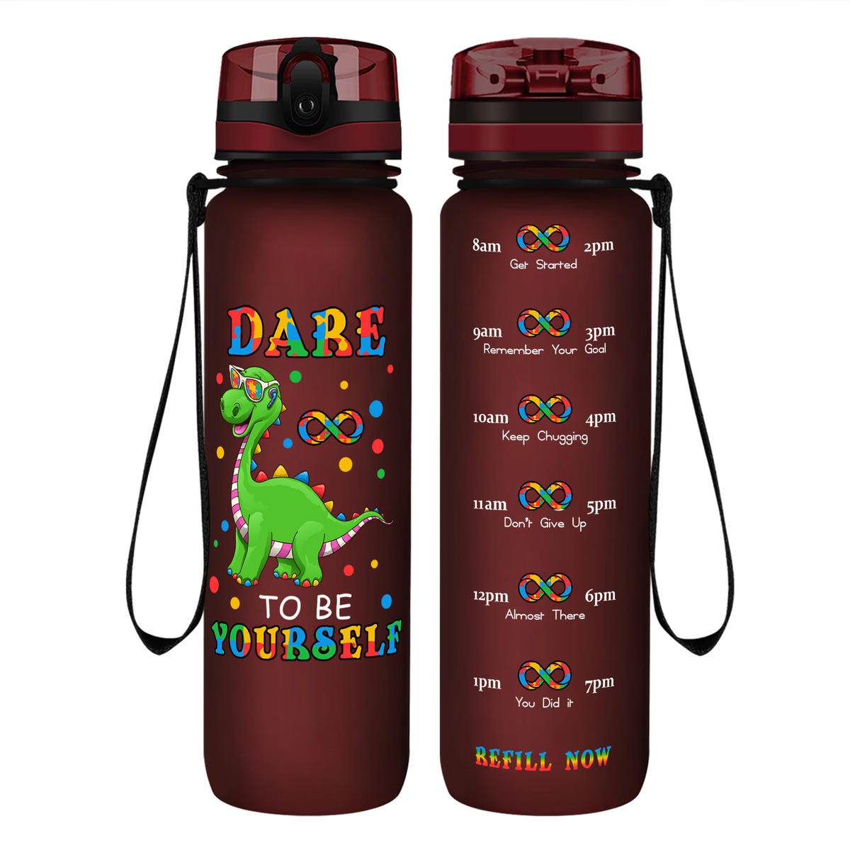 Dinosaur Dare To Be Yourself on 32 oz Motivational Tracking Autism Water Bottle