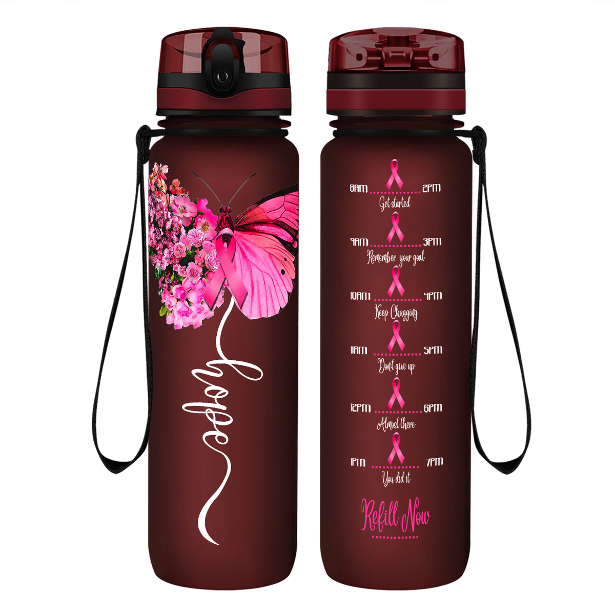 Breast Cancer Hope Butterfly on 32 oz Motivational Tracking Breast Cancer Awareness Water Bottle