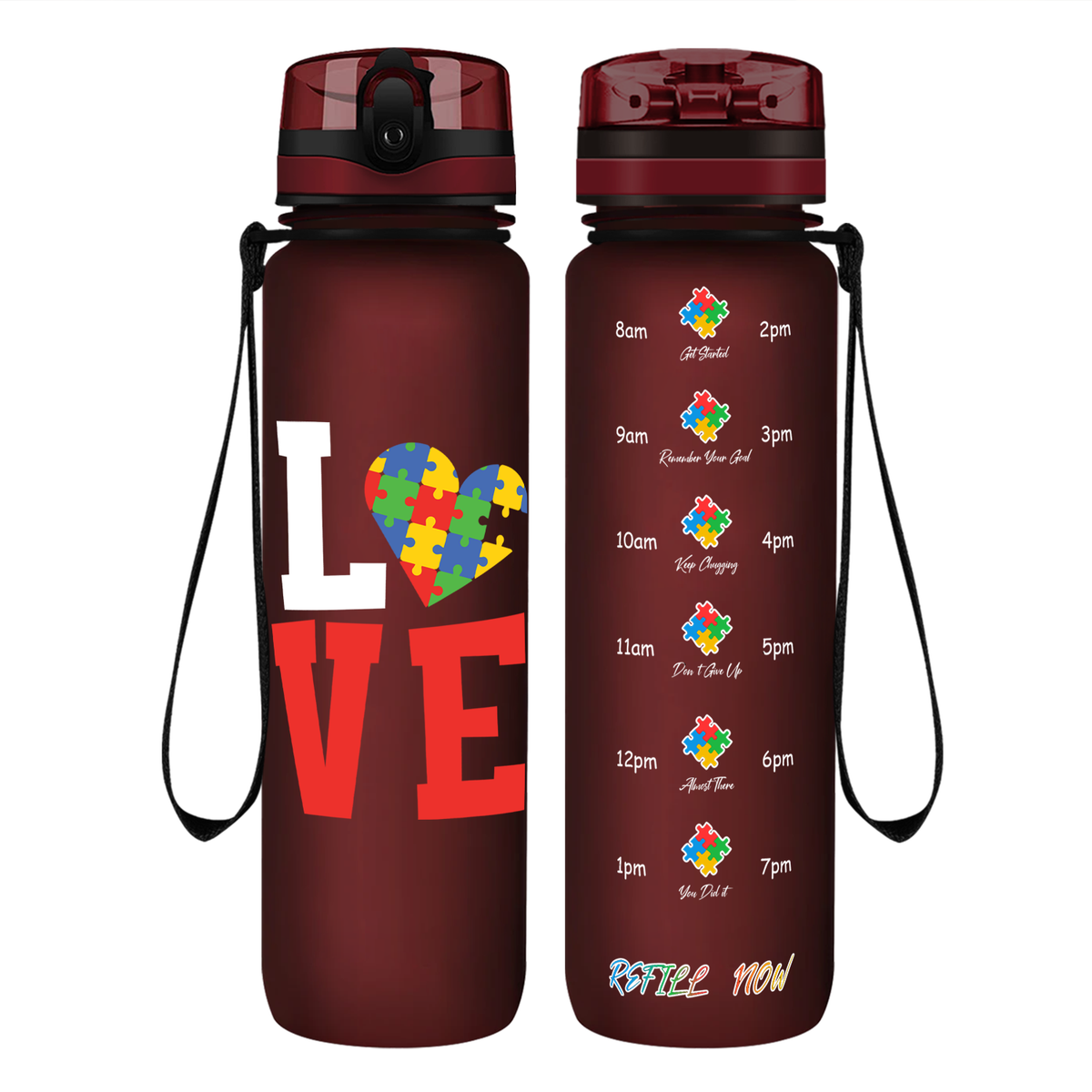 Autism Love on 32 oz Motivational Tracking Water Bottle