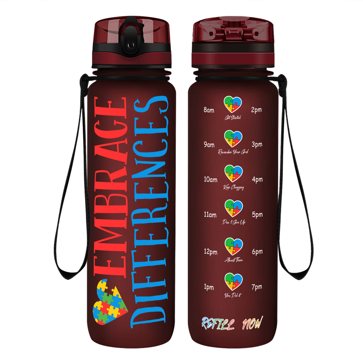 Embrace Differences on 32 oz Motivational Tracking Autism Water Bottle