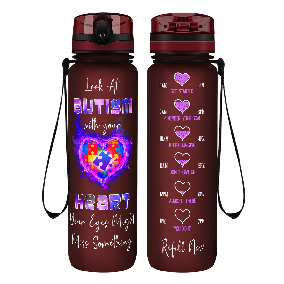 Look at Autism with Your Heart on 32 oz Motivational Tracking Water Bottle