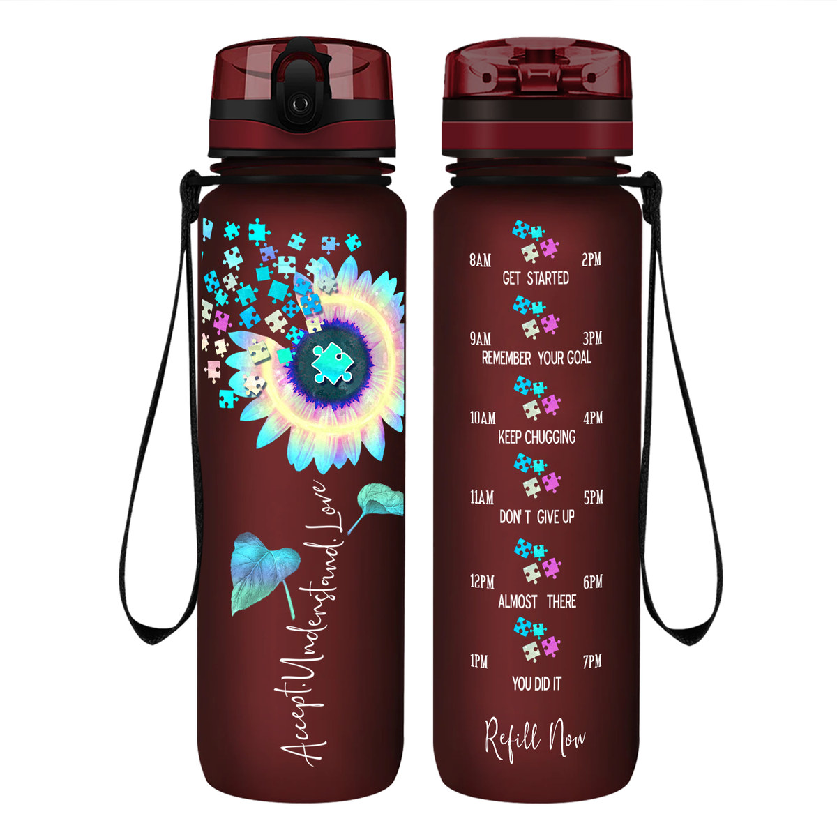 Accept Understand Love Autism Sunflower 32 oz Motivational Tracking Water Bottle