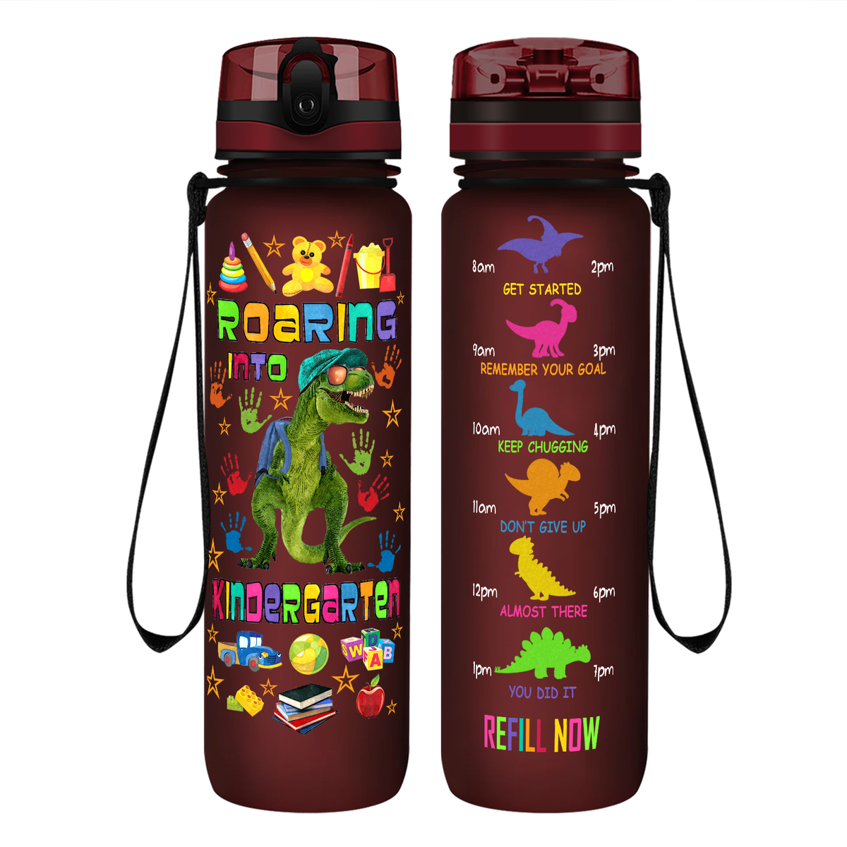 Roaring Into Kindergarten on 32 oz Motivational Tracking Water Bottle