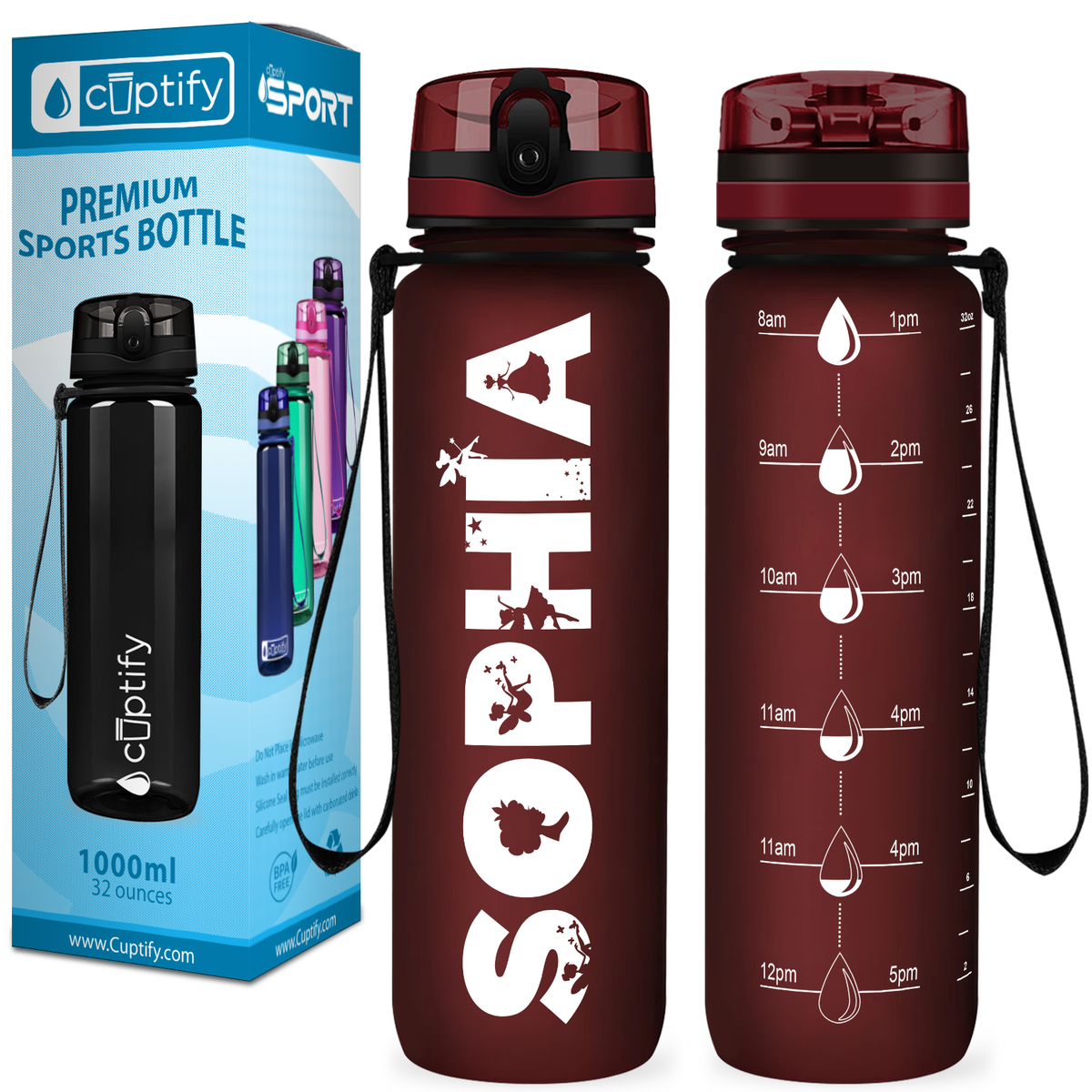 Kids Personalized on Maroon Frosted 32 oz Motivational Tracking Water Bottle