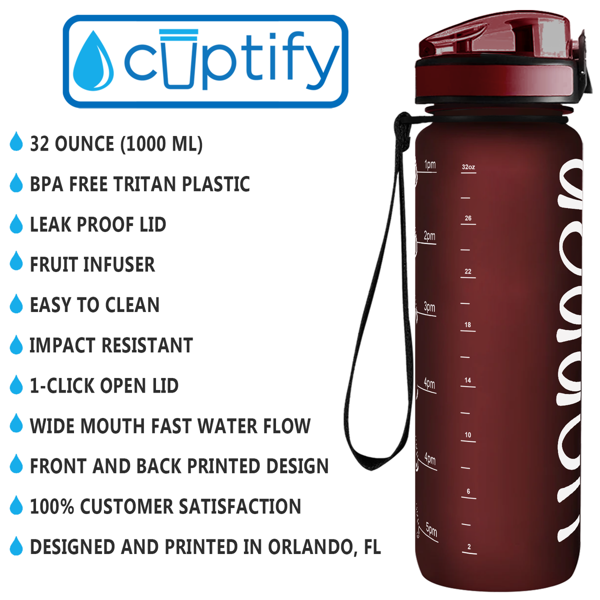 Kids Personalized on Maroon Frosted 32 oz Motivational Tracking Water Bottle