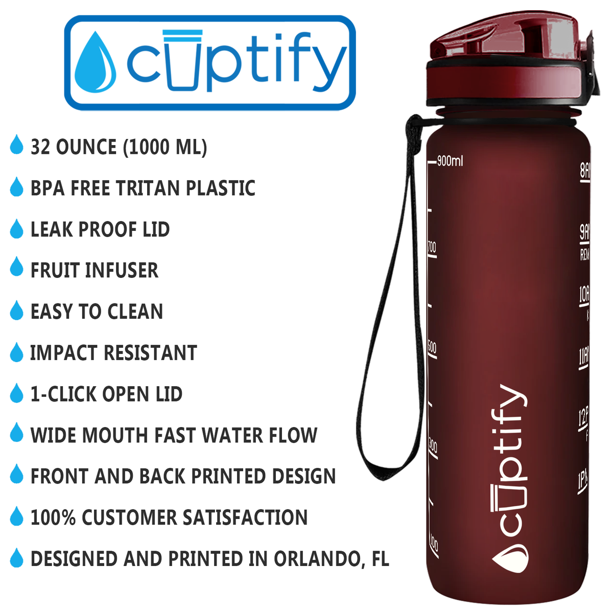 Cuptify Maroon Frosted 32 oz Motivational Water Bottle