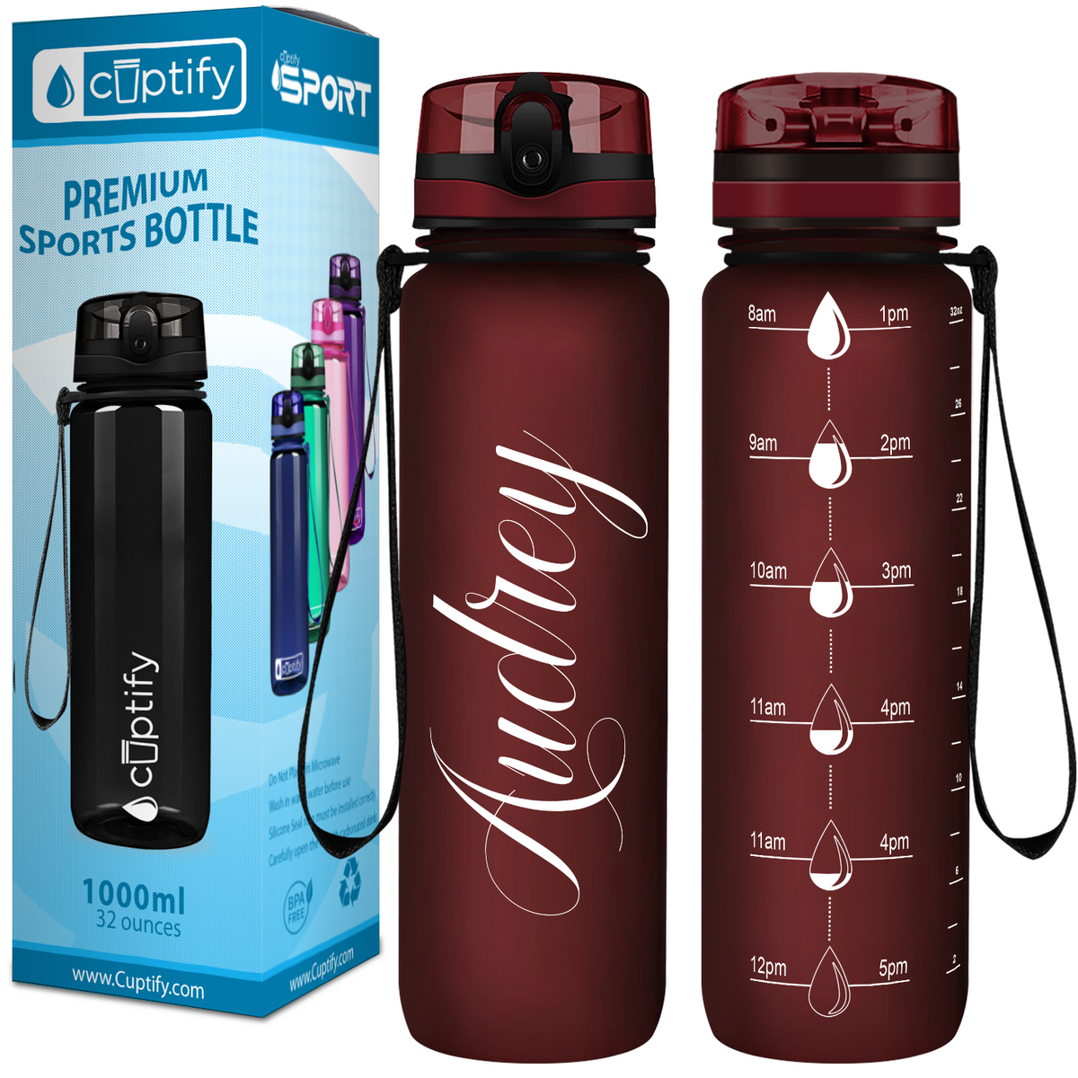 Maroon Frosted 32 oz Personalized Motivational Tracking Water Bottle