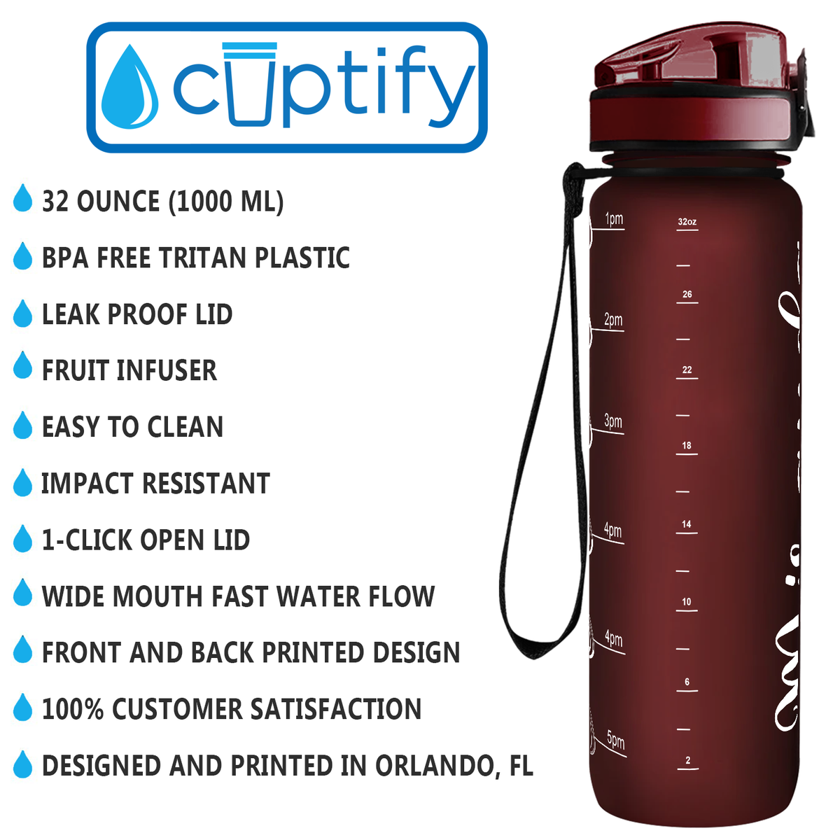 Maroon Frosted 32 oz Personalized Motivational Tracking Water Bottle