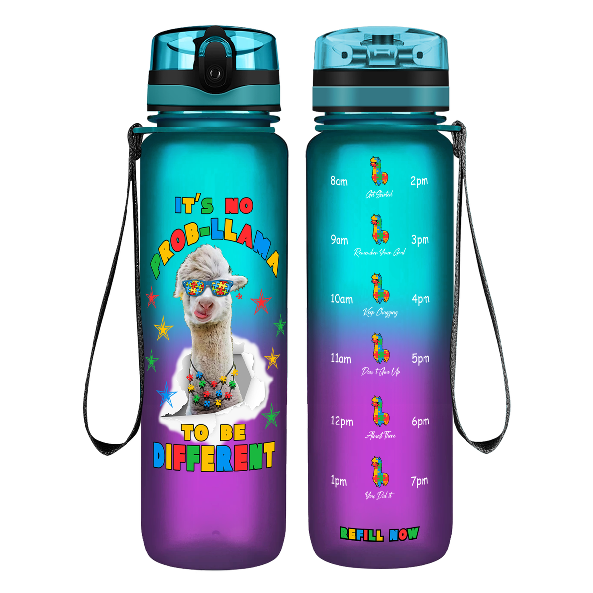 No Prob-llama Autism Stars on 32 oz Motivational Tracking Water Bottle