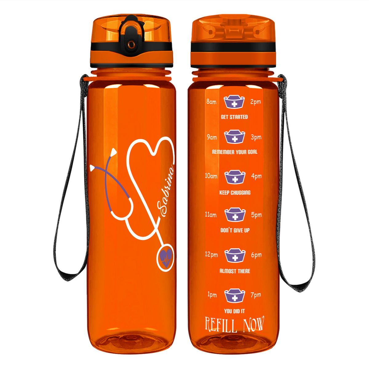 Personalized Nurse Water Bottle Stethoscope Purple 32oz Motivational Tracking Bottle