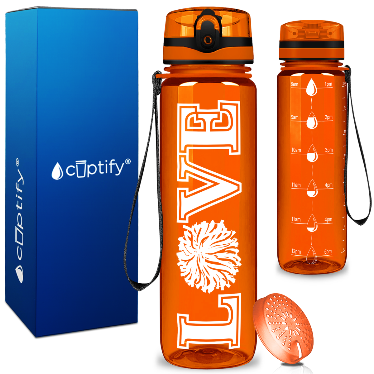 Cheerleading Love on 32 oz Motivational Tracking Water Bottle