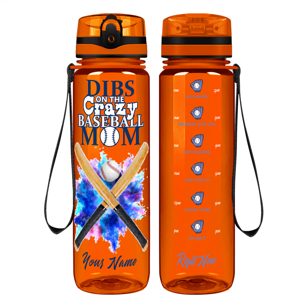 Personalized Dibs on the Baseball Mom on 32 oz Motivational Tracking Water Bottle