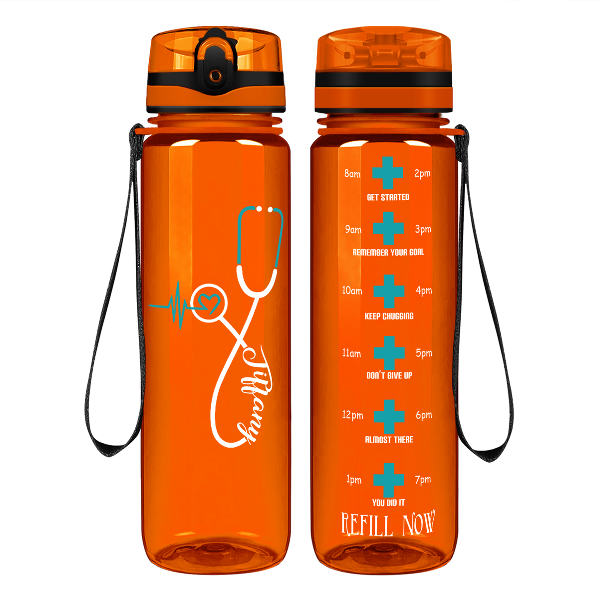 Personalized Seafoam Heart Nursing Stethoscope on 32oz Motivational Tracking Water Bottle