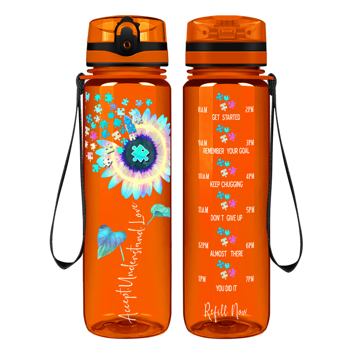 Accept Understand Love Autism Sunflower 32 oz Motivational Tracking Water Bottle