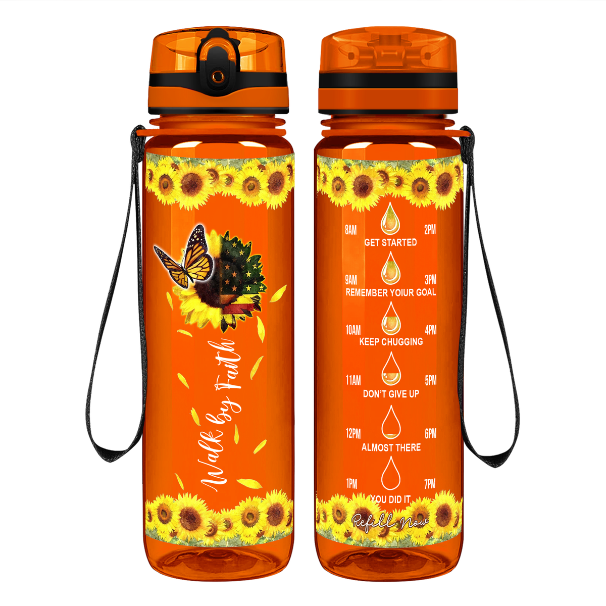 Walk by Faith American Sunflower on 32 oz Motivational Tracking Water Bottle