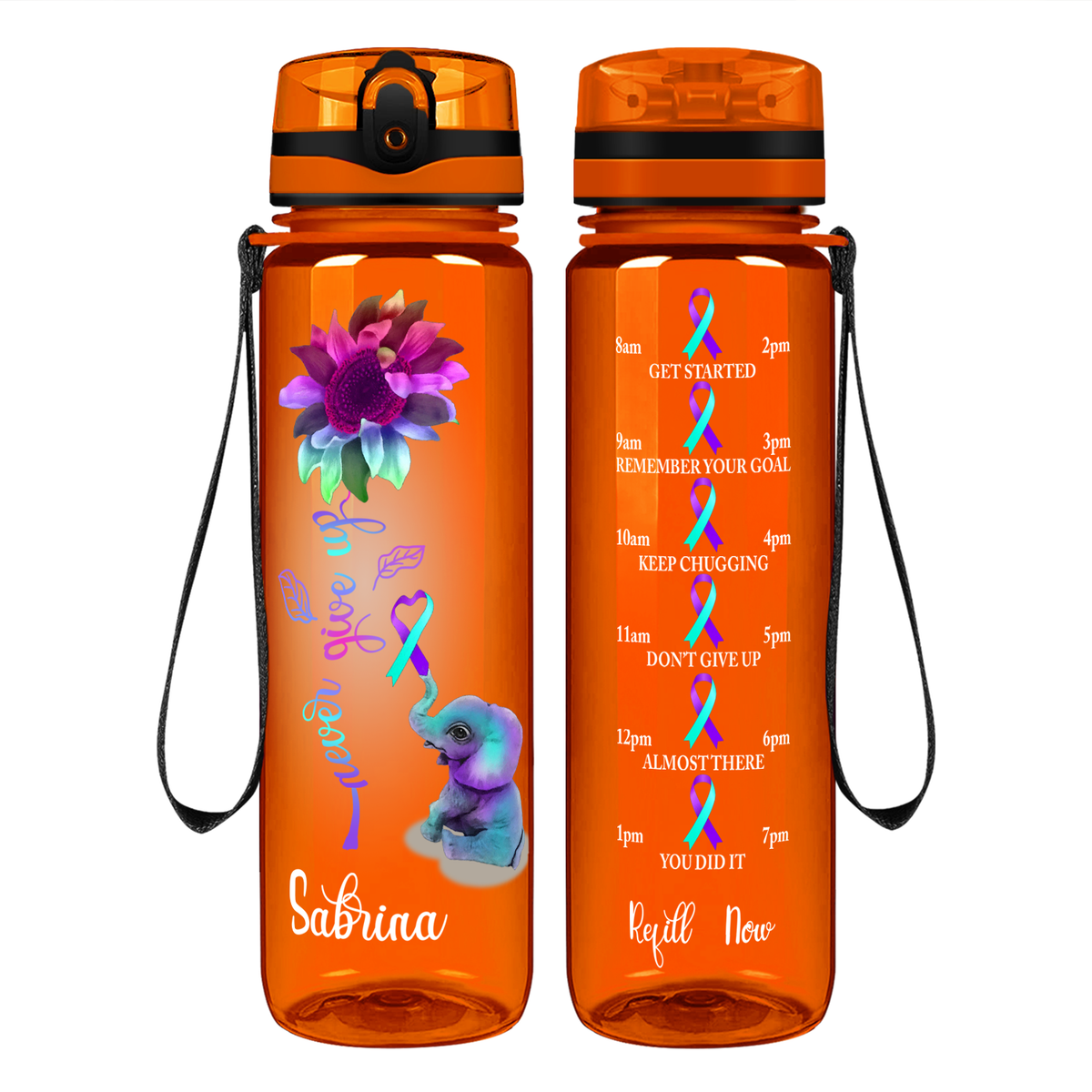 Personalized Never Give Up Elephant on 32 oz Motivational Tracking Water Bottle